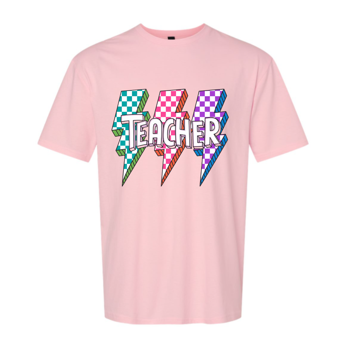 Teacher Checkered Lightning Bolts Pink Gildan Softstyle Tee