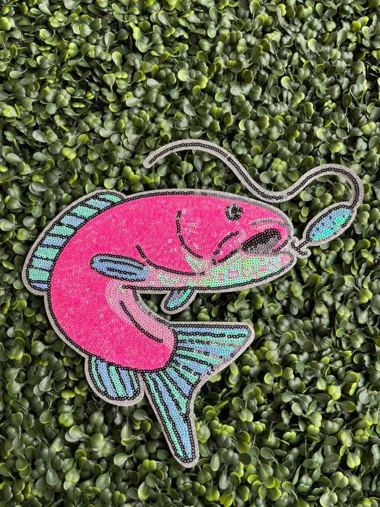 Pink Fishing Shrimp Full Front Sequin Chenille Patch
