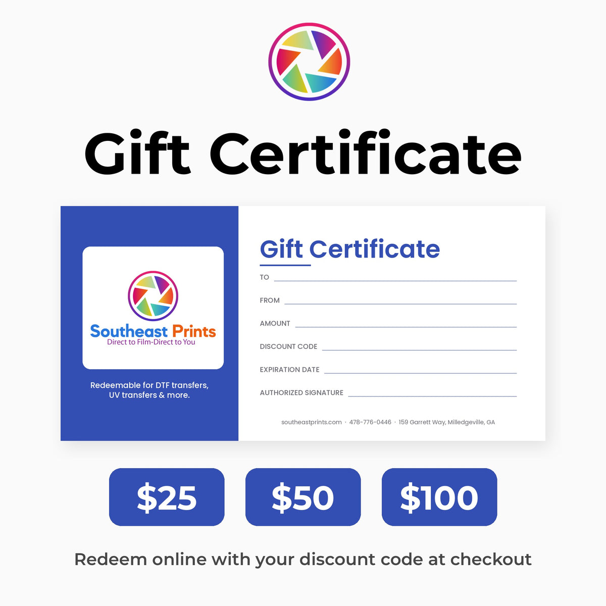 Southeast Prints printed gift certificate - $25, $50, $100