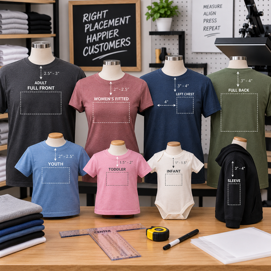 Print Placement and Size Chart: Adult, Youth, Toddler, Left Chest, and Pocket