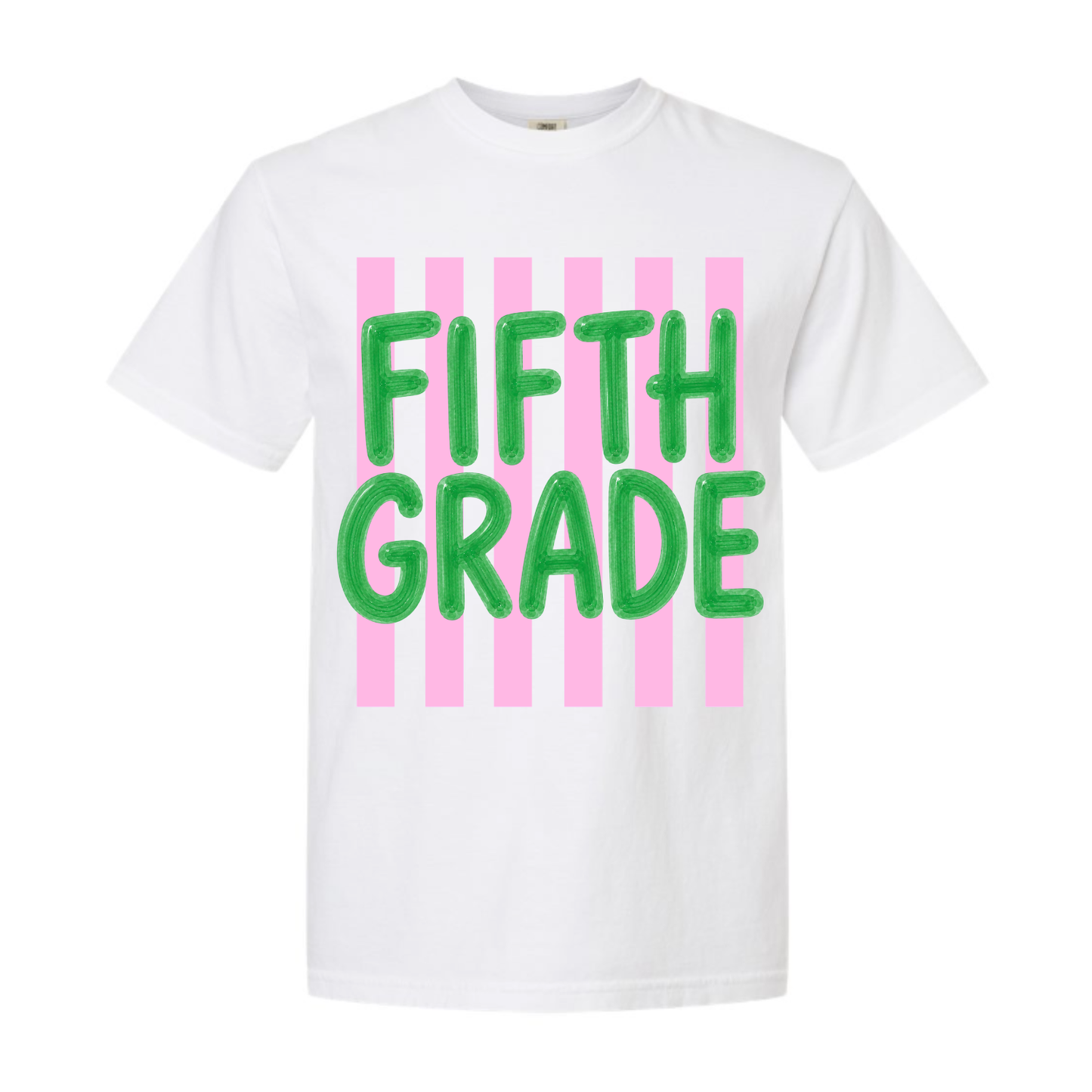 Fifth Grade balloon letter Comfort Colors tee on white shirt with pink stripes