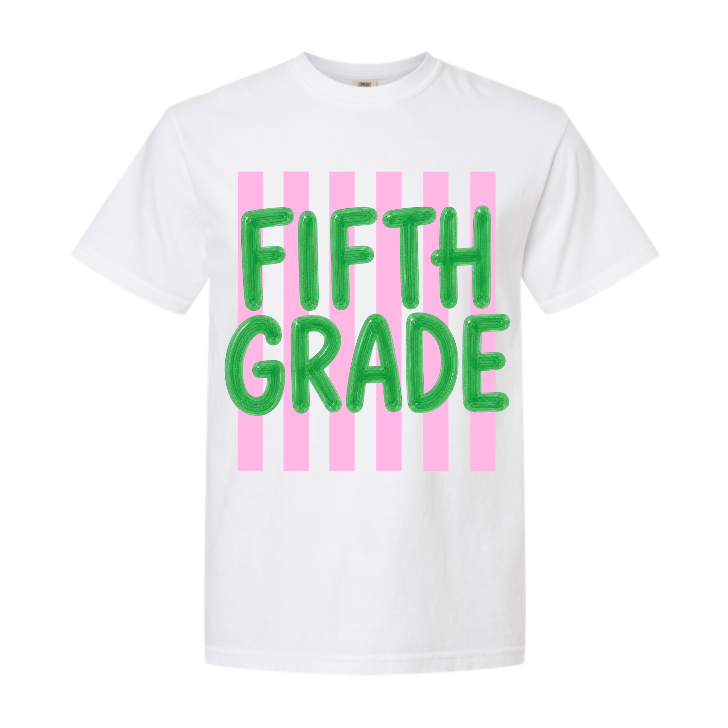 Fifth Grade balloon letter Comfort Colors tee on white shirt with pink stripes