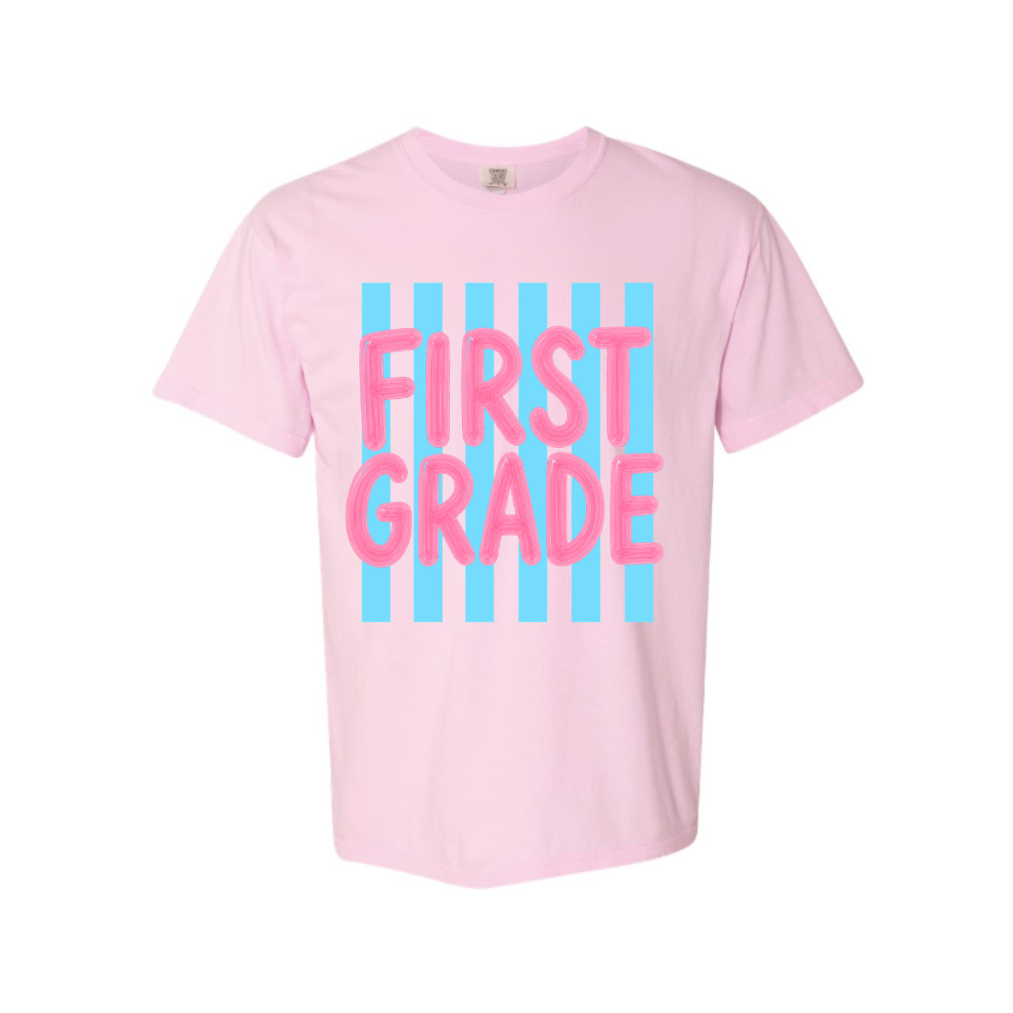 First Grade Comfort Colors Tee - pink shirt with blue stripe balloon letter design