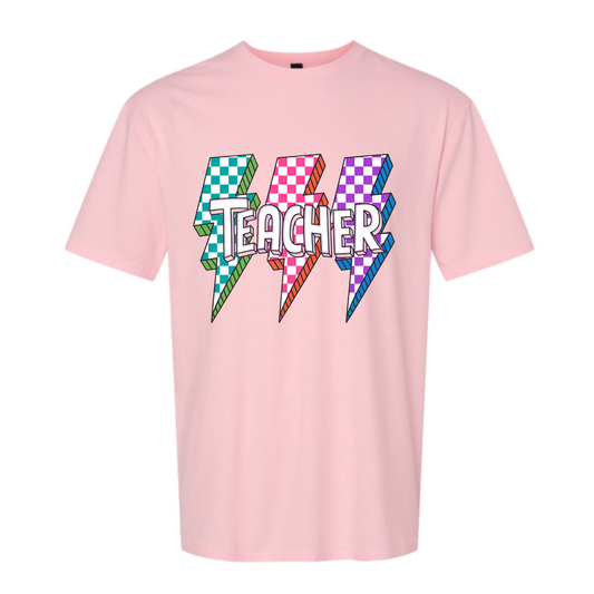 Teacher Checkered Lightning Bolts Pink Gildan Softstyle Tee