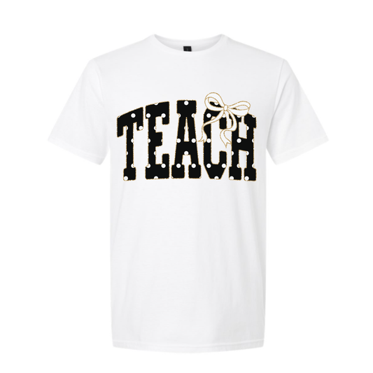 Teach Pearl Bow White Gildan Softstyle Tee