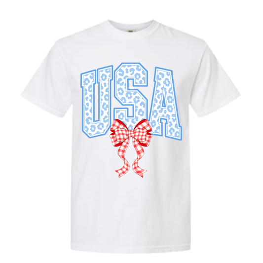 USA Blue Leopard Bow Patriotic Tee