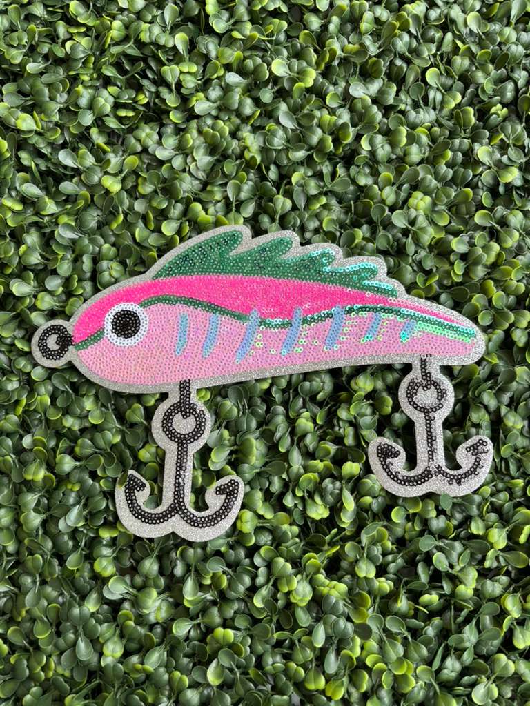 Pink Fishing Lure Full Front Sequin Chenille Patch