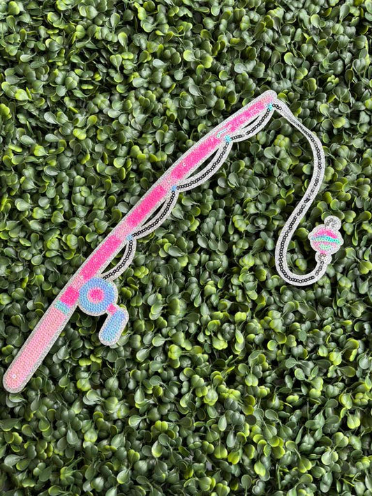 Pink Fishing Pole Full Front Sequin Chenille Patch