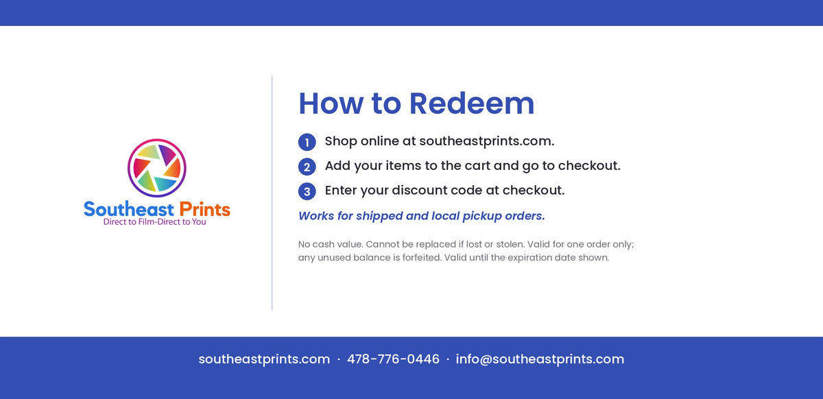 Southeast Prints printed gift certificate - back with redemption instructions