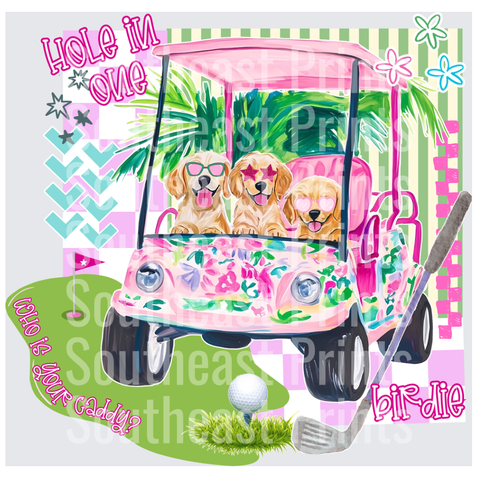 Golden Retrievers in Pink Golf