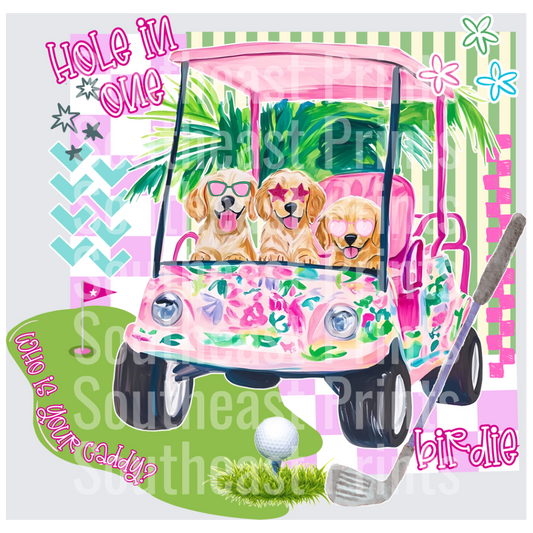 Golden Retrievers in Pink Golf