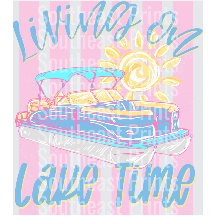 Living On Lake Time Pontoon Boat Sun Pink Stripe