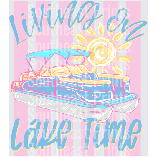 Living On Lake Time Pontoon Boat Sun Pink Stripe