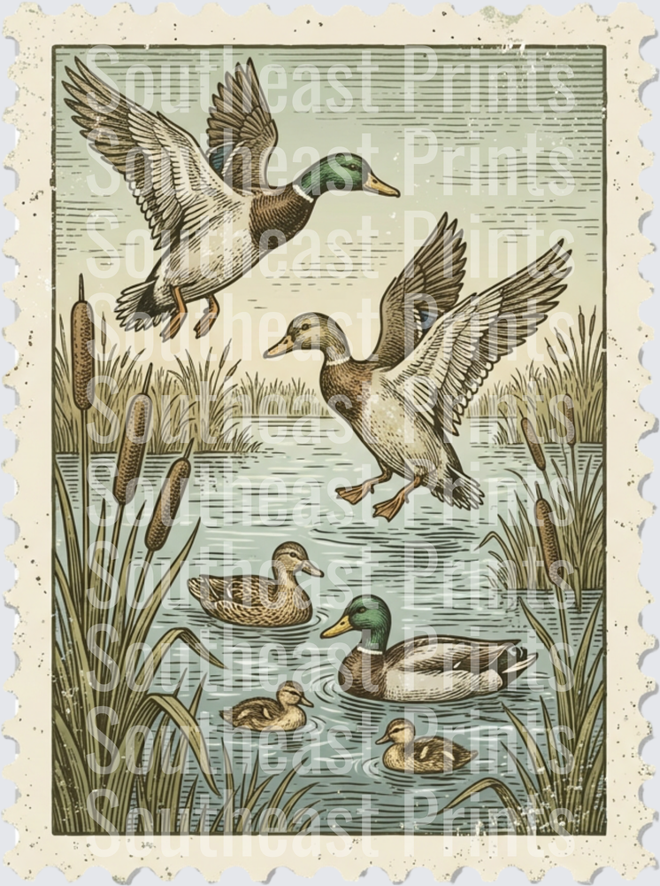 Vintage Duck Family Pond Scene