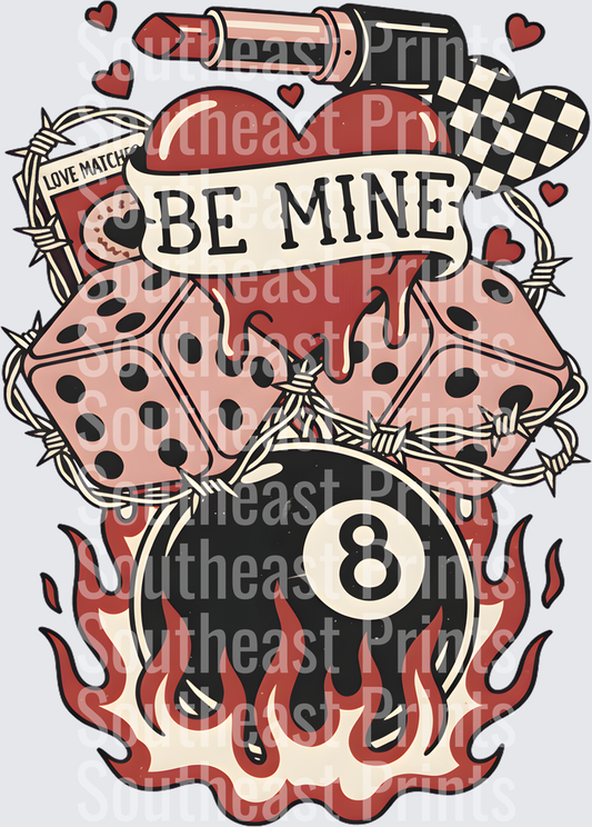 Be Mine Valentine Tattoo Flash Heart Dagger Eight Ball Flames