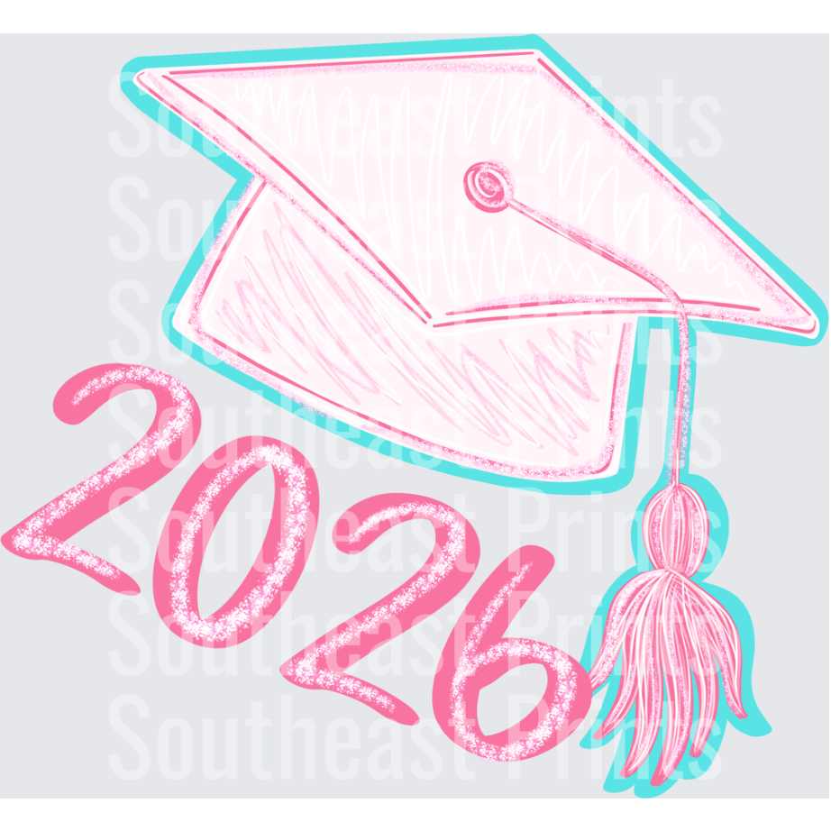 2026 Graduation Cap with Tassel Pink and Teal Design