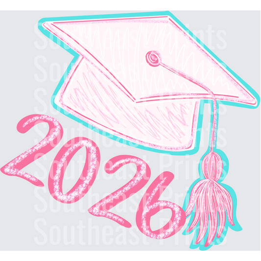 2026 Graduation Cap with Tassel Pink and Teal Design