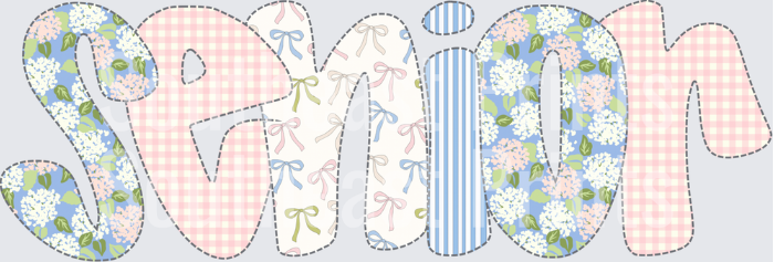 Spring Patchwork Text with Floral Gingham and Bow Patterns