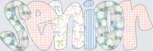Spring Patchwork Text with Floral Gingham and Bow Patterns